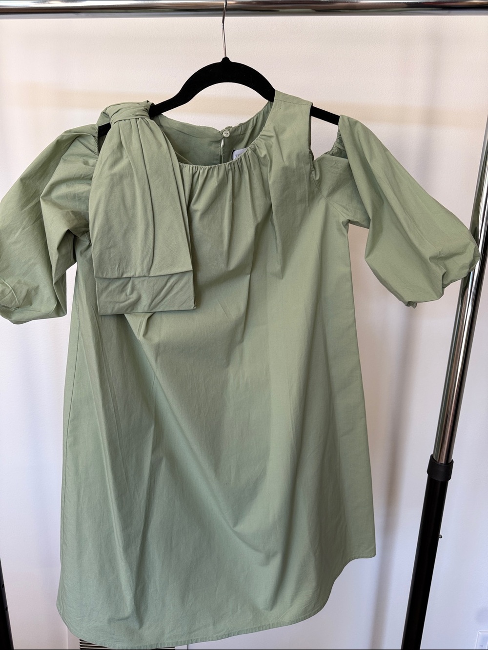 Zara Sage Green Puff-Sleeve Dress with Bow Shoulder Tie Accent
